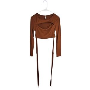 7DAY WKND Orange Ribbed Knit Long Sleeve Crop Top Cutout‎ Tie Size Medium